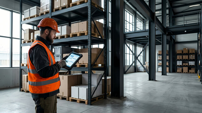 Warehouse Worker Using Digital Tablet for Inventory Management