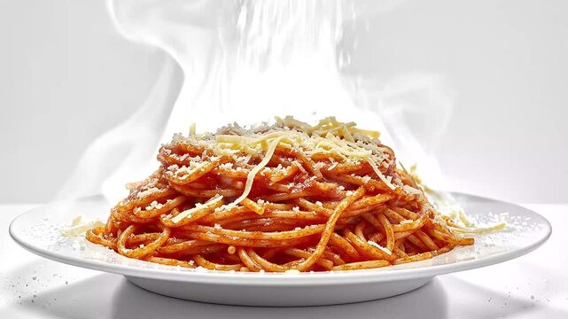 Sprinkling Parmesan Cheese on Steaming Hot Spaghetti with Tomato Sauce