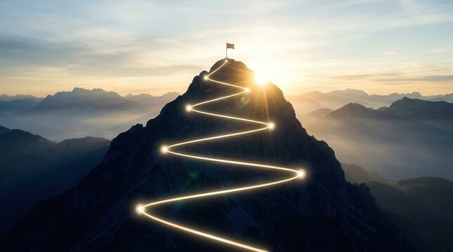 A glowing roadmap leading to a mountain peak representing success and achievement.