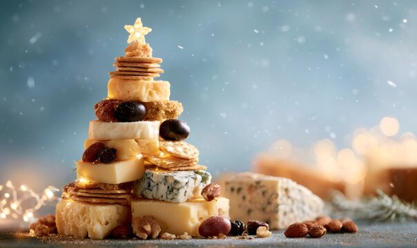 Assorted gourmet cheese and crackers stacked in a festive christmas tree shape, illuminated by string lights, with falling snow