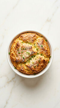 A delicious golden baked cheese souffle served in a white ramekin on a marble surface.