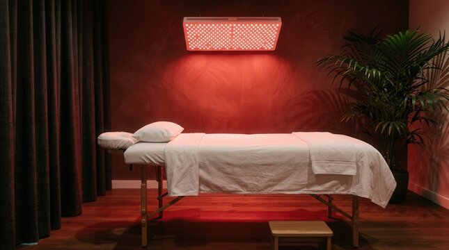 Tranquil wellness spa room featuring a vibrant red light therapy panel above a bed.
