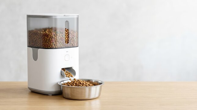 Distributore automatico di cibo per animali domestici, erogatore di crocchette in una ciotola di acciaio inox. Design moderno in plastica, kit, luce naturale, accessorio