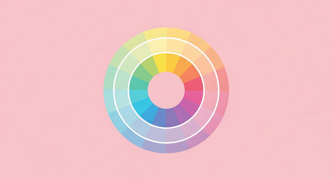 Circular color wheel with concentric rings of pastel hues arranged on a solid light pink background, for artistic projects