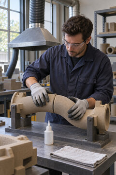 Worker aligning two sand core sections in a bench fixture