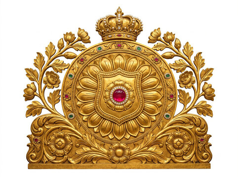 Golden floral ornamental backrest with red jewel centerpiece and layered botanical carving