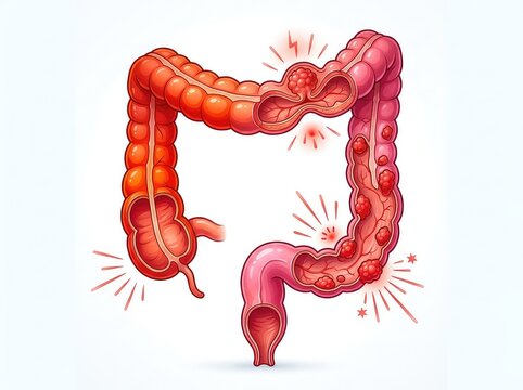 Medical illustration featuring a diagram of the human colon with cancerous polyps and tumors, highlighting abdominal pain as a symptom, diagram, symptoms, gastrointestinal
