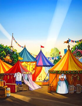 Colorful carnival tents and market stalls at a festive fairground.