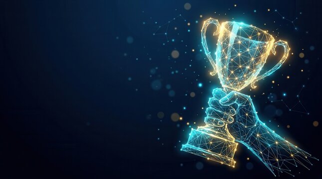 A digital illustration of a hand holding a shimmering gold trophy cup against a dark blue background.