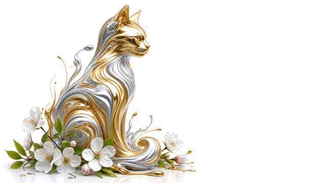 Cat 028 Metallic Gold and Silver Liquid Cat Sculpture with White Cherry Blossoms with Copy Space on White Background（白背景にコピースペースを設けた金銀の液体メタリック調猫彫刻と白い桜の花）