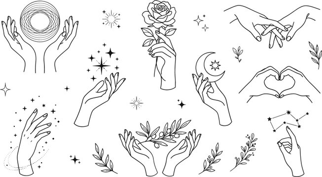 Mystic Celestial Hand Gestures Vector Element Set with Magic Crystals Rose Moon and Star Symbols for Esoteric Occult Branding and Tattoo Designs