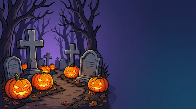Spooky Halloween Graveyard Background with Glowing Jack O Lanterns