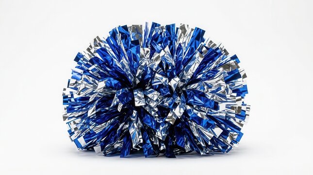 Blue and silver cheer pom pom resting on a white studio background.