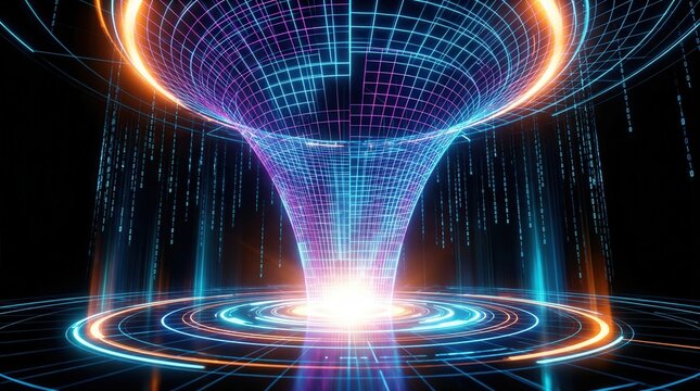 Digital vortex converging with glowing data streams in a virtual space.