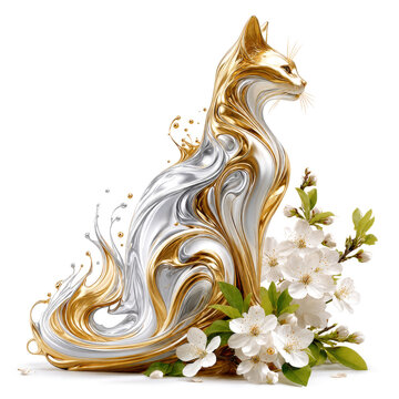 Cat 030 Metallic Gold and Silver Liquid Cat Sculpture with White Cherry Blossoms Isolated on White Background（白背景に孤立した金銀の液体メタリック調猫彫刻と白い桜の花）