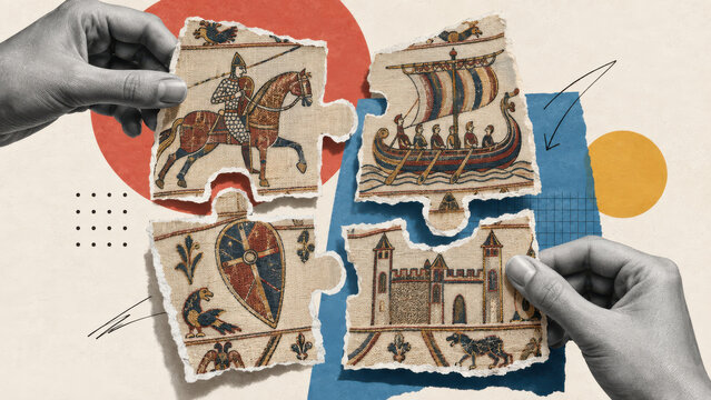 Hands fitting jigsaw pieces of Bayeux Tapestry knights, a ship, a shield and a castle. Piecing together history