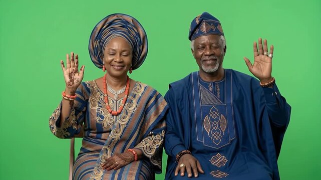 Happy Senior Nigerian Couple Waving in Traditional Attire on Green Screen