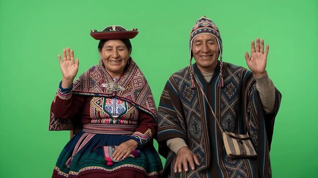 Traditional Peruvian Couple Waving in Andean Clothing on Green Screen