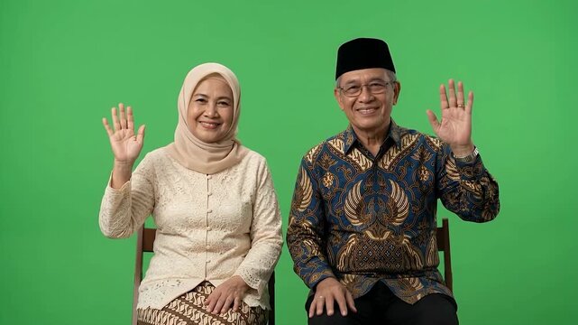 Happy Senior Indonesian Muslim Couple in Batik and Hijab Waving on Green Screen