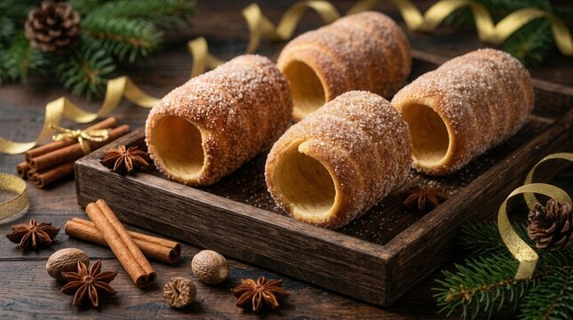 Traditional East Europe Christmas chimney cake, trdlo or trdelnik sweet dessert.