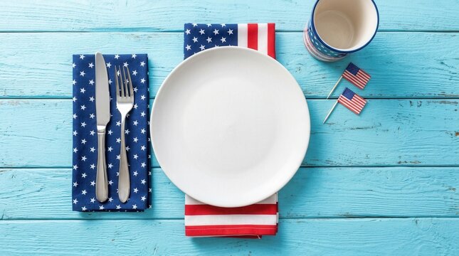 USA patriotic table setting with american flag, white plate and decorations on blue wood.