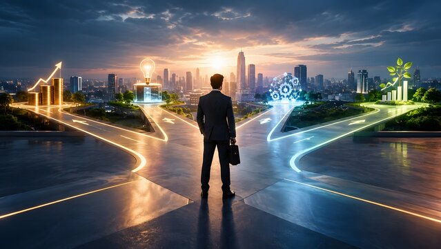 Businessman facing a diverging road with city skyline and growth symbols