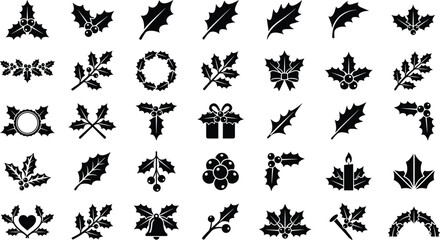 Fototapeta premium Christmas Holly 30 Solid Icons Set, Holly Leaves, Berries, Wreaths, Festive Branches and Holiday Decoration Symbols