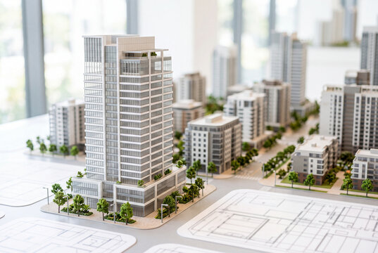 都市開発と不動産投資をイメージした高層ビルの建築模型