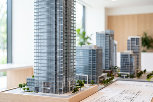 都市開発と不動産投資をイメージした高層ビルの建築模型