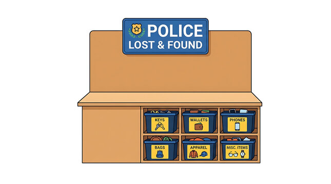 Police lost and found counter with labeled storage bins for misplaced items
