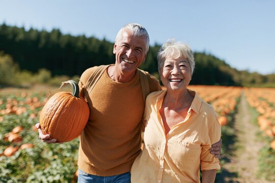 Senior couple in pumpkin patch autumn harvest background for fall banner and seasonal poster design with warm outdoor farm setting