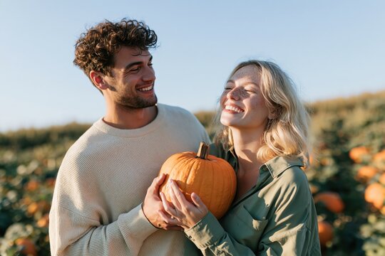 Romantic couple holding a pumpkin in a golden hour pumpkin patch for fall harvest banner and seasonal background