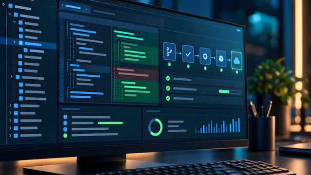 Computer screen displaying code charts and workflow diagram