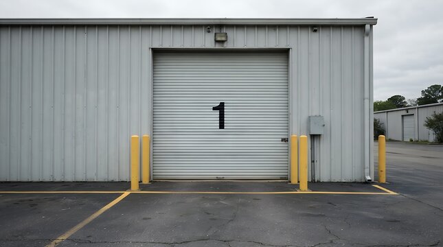 Industrial warehouse loading dock with a large gray metal roll-up door, marked with the number 1, for shipping and receiving operations. A commercial storage unit or distribution center exterior