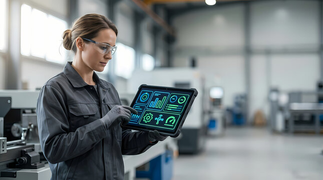 Industrial Engineer Using Tablet for Smart Factory Data Monitoring