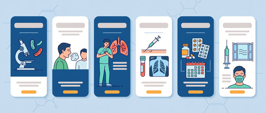 Medical app onboarding screens for respiratory illness presenting symptoms, lung diagnosis, medication and vaccine prevention in clean modern flat outline UI kit illustration