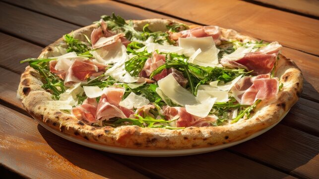 premium Italian pizza topped with delicate prosciutto, creamy mozzarella, fresh arugula and shaved parmesan, thin blistered crust, olive oil
