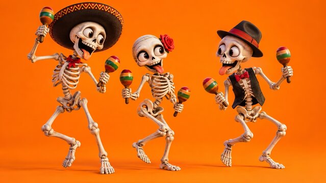 Three funny skeletons dancing and playing maracas on orange background. One skeleton wears sombrero, one has rose and one in hat and vest.