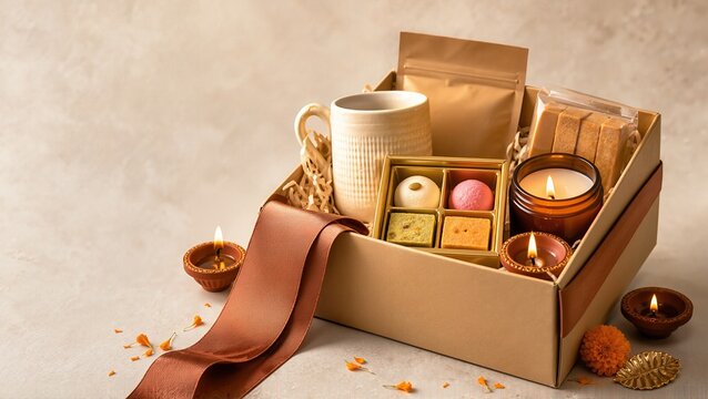 Handmade Diwali gift hamper with tea, sweets, and decorative diyas in a beautifully arranged box. This festive gift hamper includes a ceramic mug, assorted treats, and glowing candles,