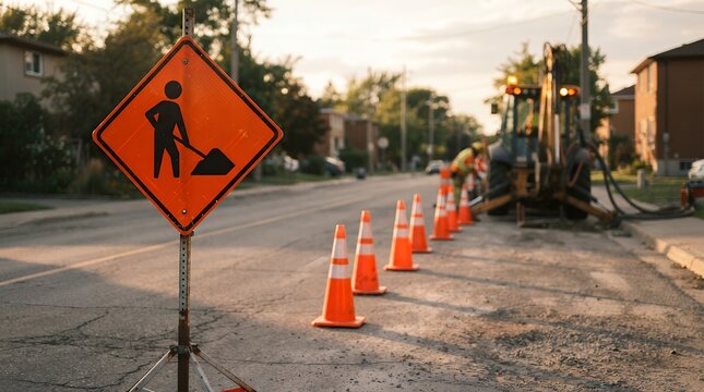 Orange road construction sign on a city street, traffic cones lining a suburban road work zone with heavy machinery at sunset