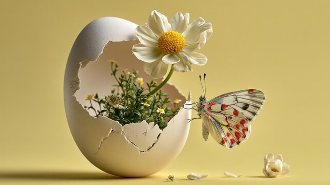 Tiny lush green garden with flowers and butterfly inside cracked eggshell on pastel yellow background