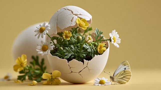 Tiny lush green garden with flowers and butterfly inside cracked eggshell on pastel yellow background