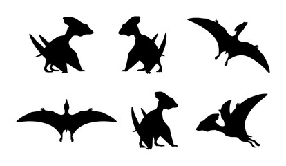 Pterodactyl Silhouettes, Flying Dinosaur Vector Icons, Prehistoric Creature Graphics © Priya