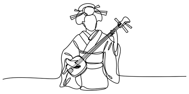 Minimalist continuous line art of Japanese geisha playing shamisen musical instrument wearing traditional kimono and classic hair pins.