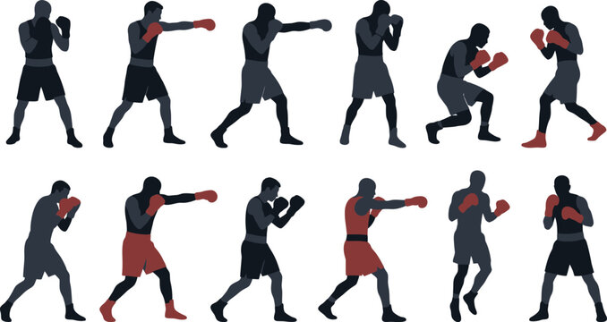 Set of professional boxer silhouettes in various fighting stances and punching poses wearing boxing gloves isolated on white background vector
