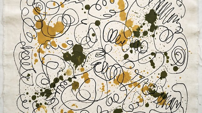 Abstract Scribble Line Art with Splatter Paint Texture for Contemporary Fabric Print and Artistic Wall Decor