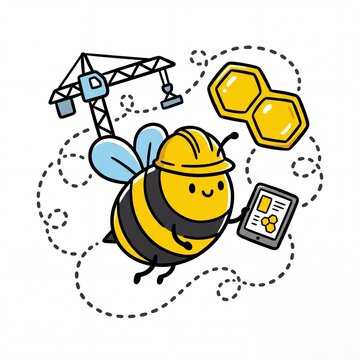 Cute worker bee character managing a construction site