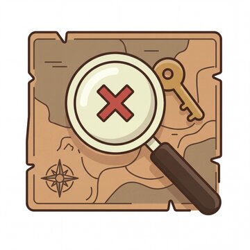 Treasure map with magnifying glass and golden key icon