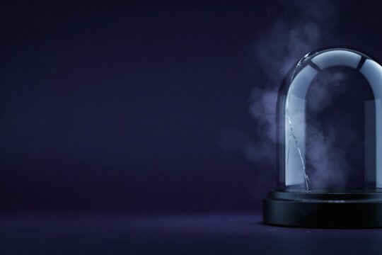 Cracked bell jar leaking cool vapour against a deep indigo backdrop