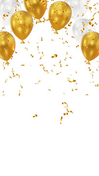 gold metallic balloons and confetti rain isolated on transparent background, png golden birthday party and anniversary celebration and sale overlay vertical social media design element